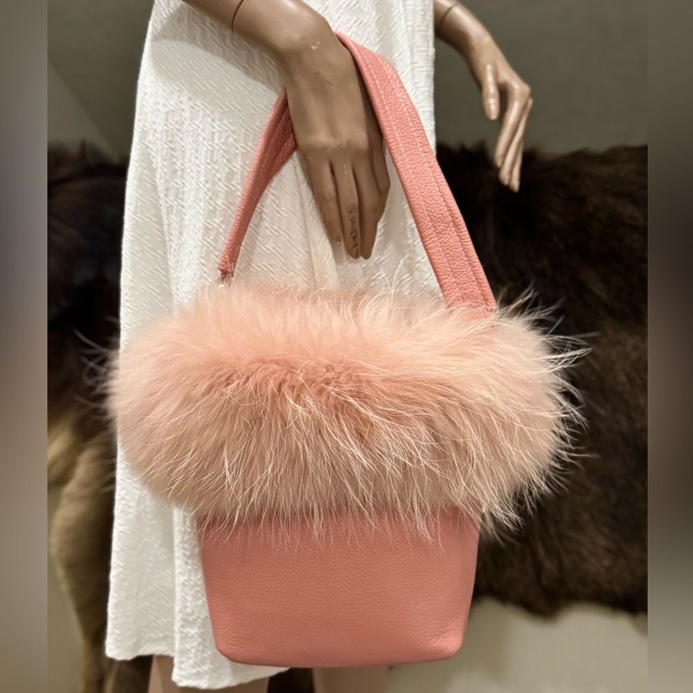 Pink Real Fox Fur Trimmed with Togo Cowhide Leather Handmade Tote Bag/Crossbody